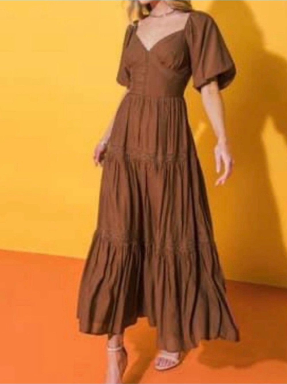 Flying Tomato Tiered Brown Dress Puffed Sleeves